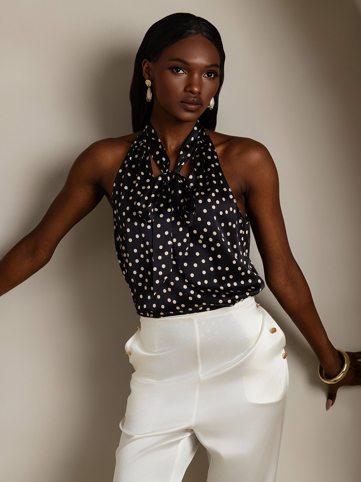 SilkSilky  19Momme Silk Sleeveless Tie Neck Women's Shirt Black+White 005