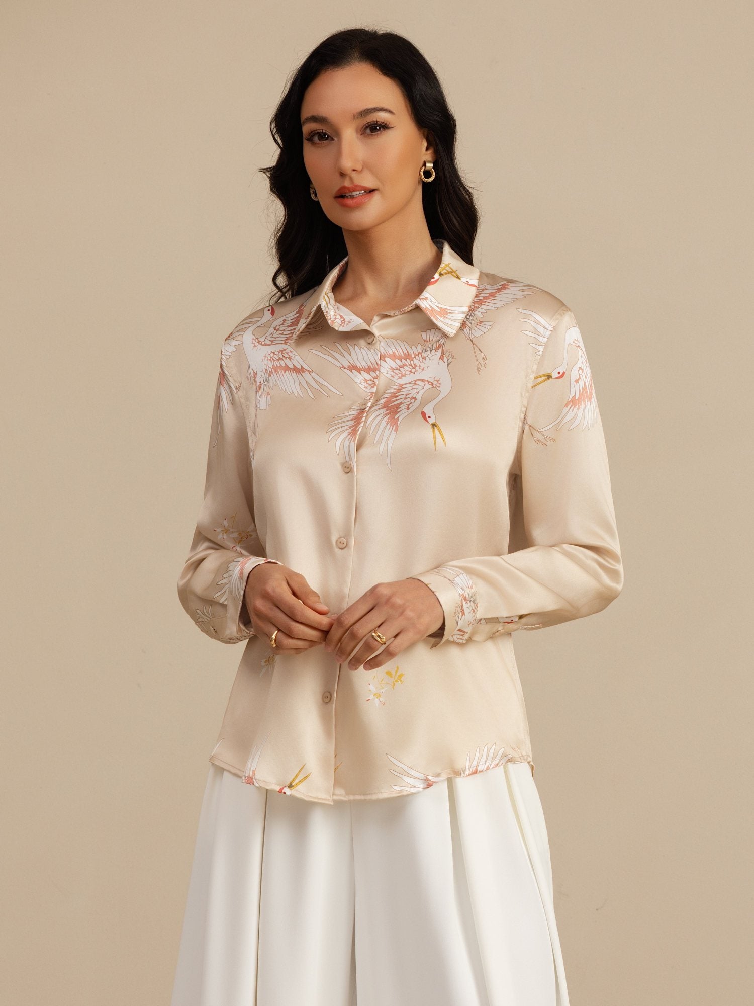 [Champagne] SilkSilky  19Momme Long Sleeve Lapel Collar Women's Shirt 004