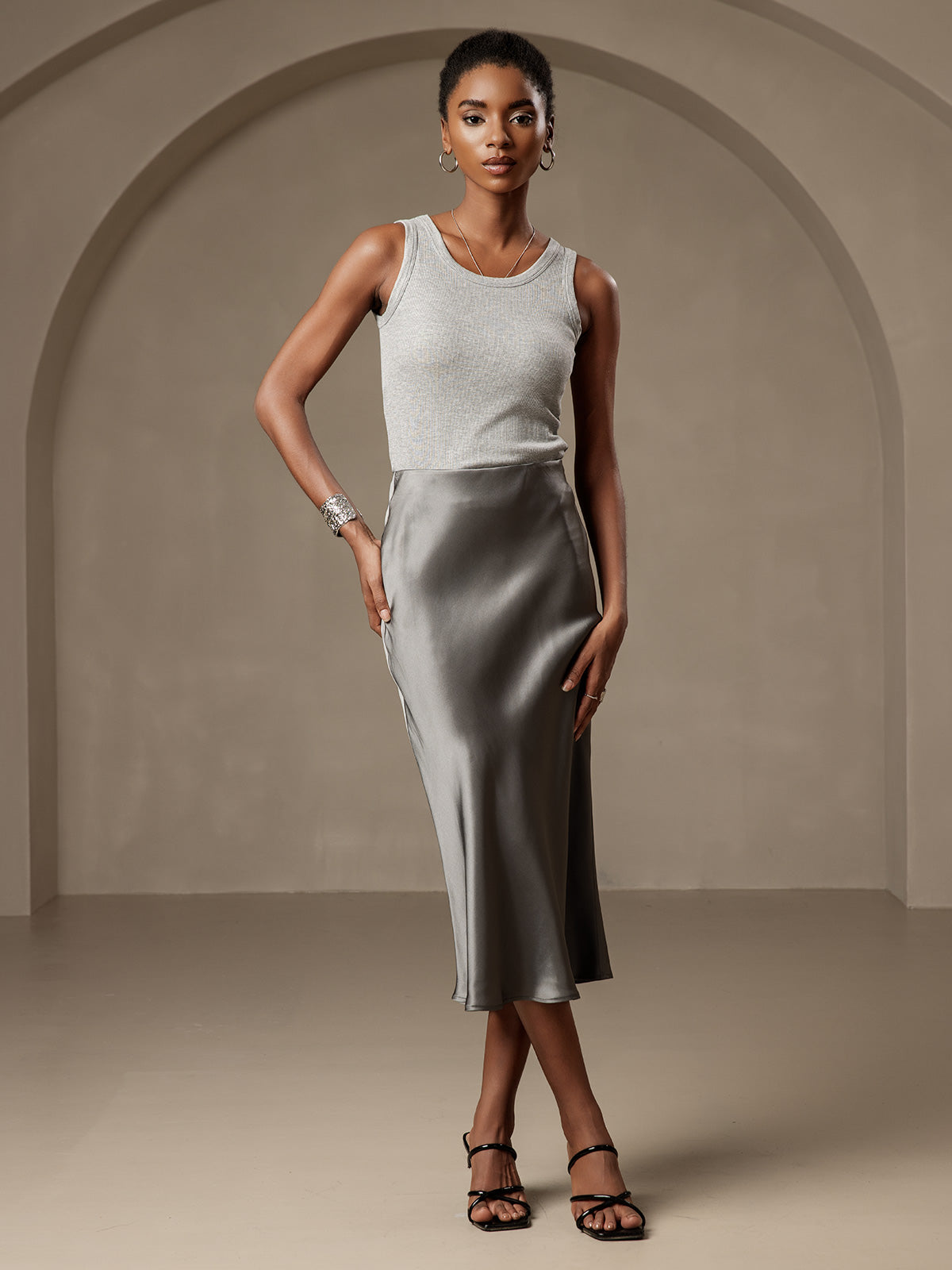 [Dark Gray] SilkSilky  19Momme Pure Silk Skirt 003