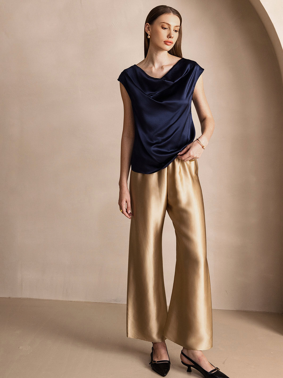 [Dark Blue] SilkSilky  19Momme Silk Cowl Neck Women's T-Shirt 007