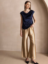 [Dark Blue] SilkSilky  19Momme Stretch Silk Charmeuse Cap Sleeve Cowl Neck Women's T-Shirt 007
