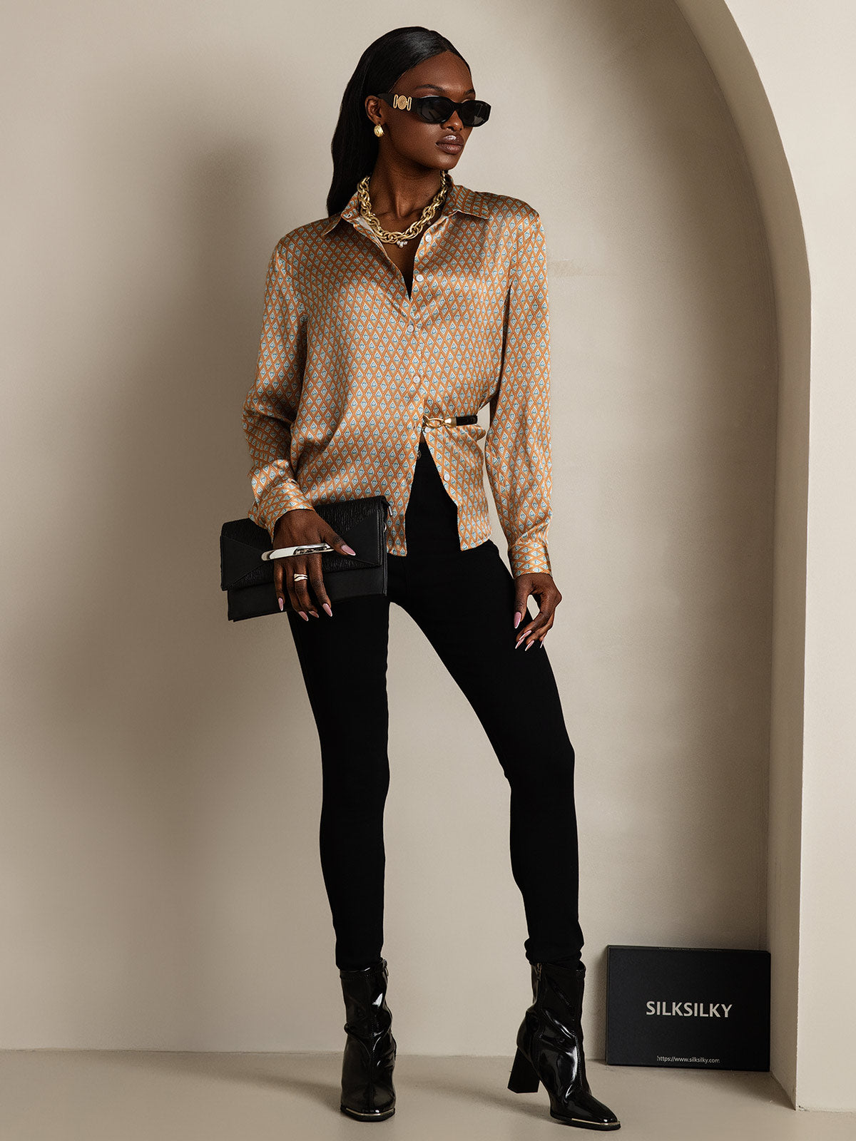 [Floral] SilkSilky  Silk Lapel Collar Women's Shirt 007