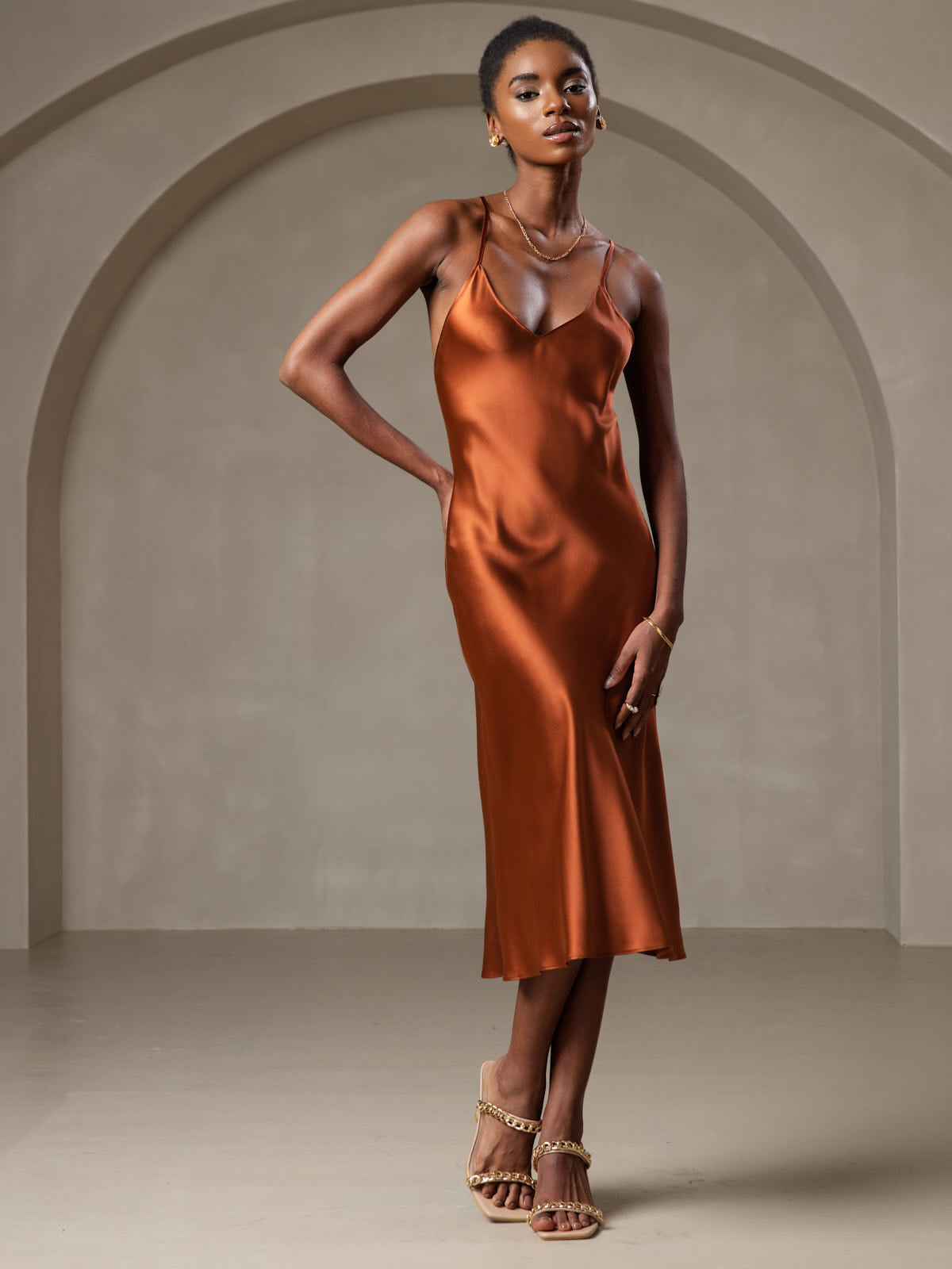 SilkSilky  Pure Silk Sleeveless V Neck Dress Caramel 003