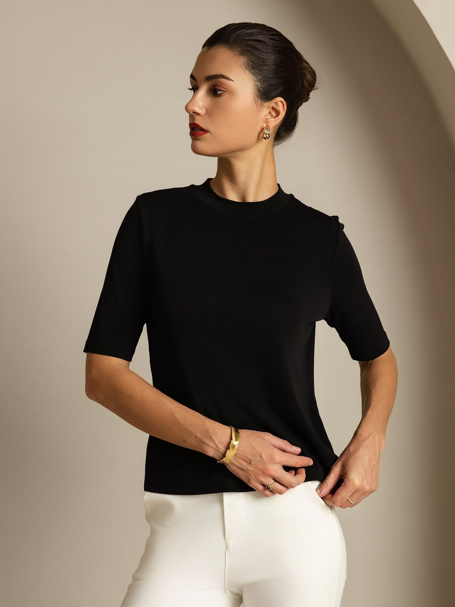 [Black] SilkSilky  Pure Silk Round Neck Women's T-Shirt 005
