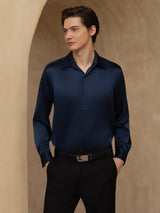 [Dark Blue] SilkSilky 19Momme Stretch Silk Charmeuse Long Sleeve Lapel Collar Men's Shirt 001