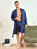 SilkSilky US Pure Silk 3/4 Sleeve Lapel Men's Robe DarkBlue 001