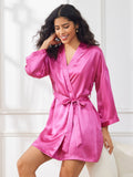 SilkSilky US Pure Silk Half Sleeve Womens Robe RoseRed 006