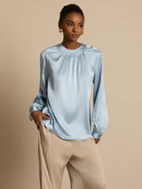 [Grayish Blue] SilkSilky  Long Sleeve Round Neck Women's Blouse 003