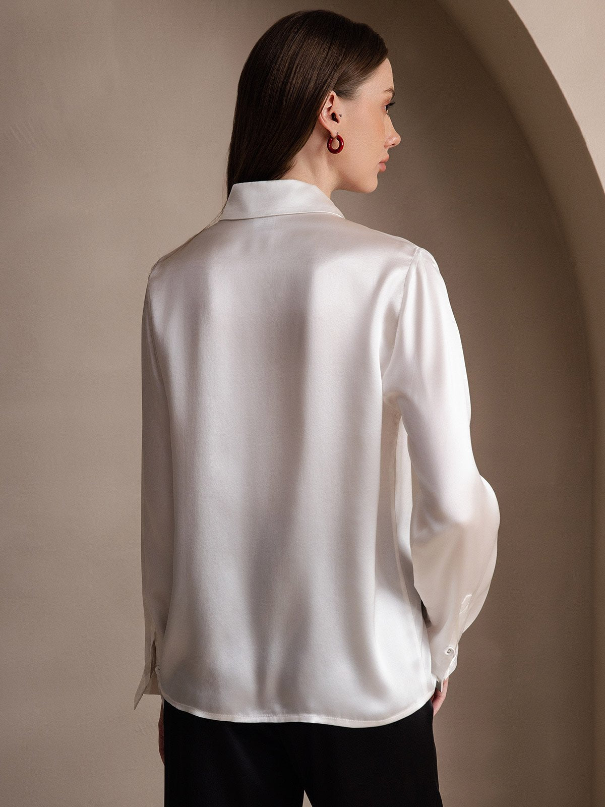 SilkSilky US 19Momme Silk Blend Long Sleeve Collar Women's Shirt White 002