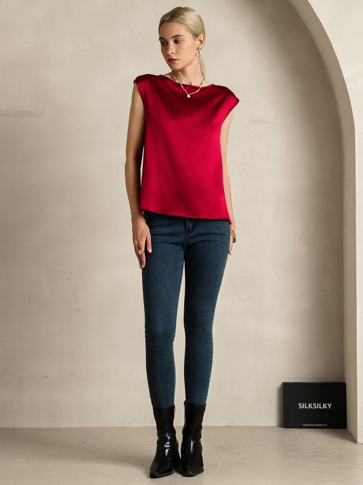 [Wine] SilkSilky  19Momme Silk Round Neck Women's T-Shirt 007
