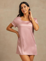 [Peach Skin] SilkSilky  19Momme Machine-Washable Silk Short Sleeve Round Neck Nightgown 007