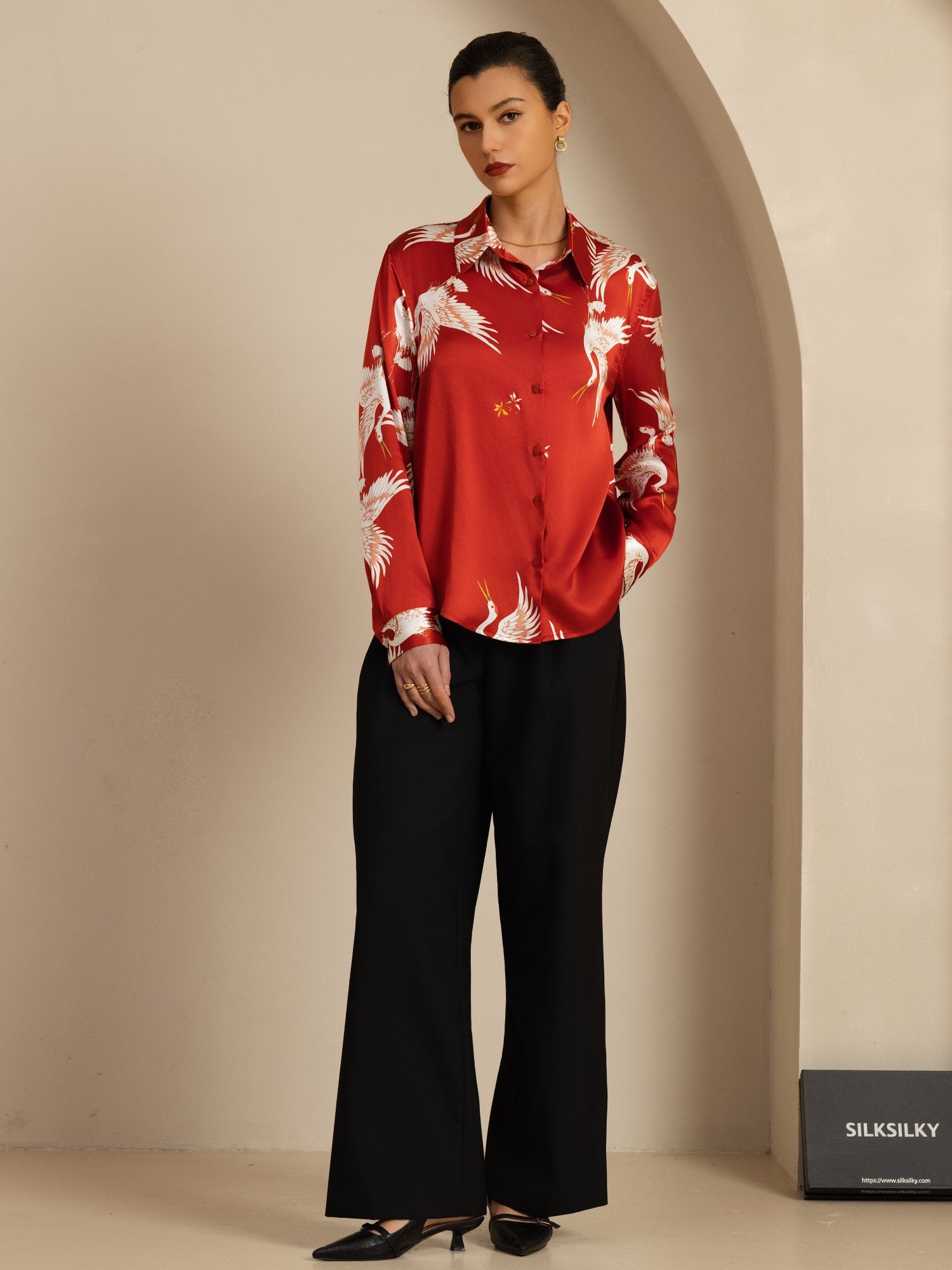 [Wine] SilkSilky  19Momme Long Sleeve Lapel Collar Women's Shirt 005