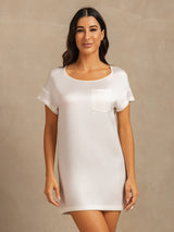 [White] SilkSilky  19Momme Machine-Washable Silk Short Sleeve Round Neck Nightgown 003