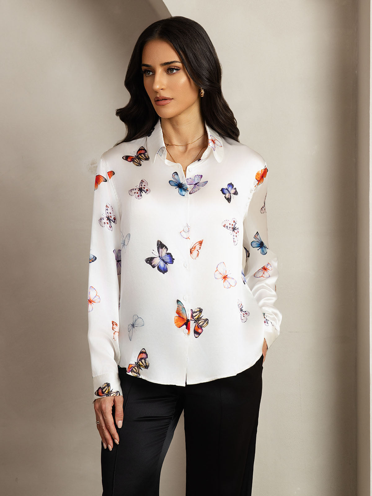 [White Butterfly] SilkSilky  Silk Lapel Collar Women's Shirt 005