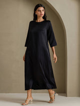 [Black] SilkSilky 3/4 Sleeve Round Neck Dress 005