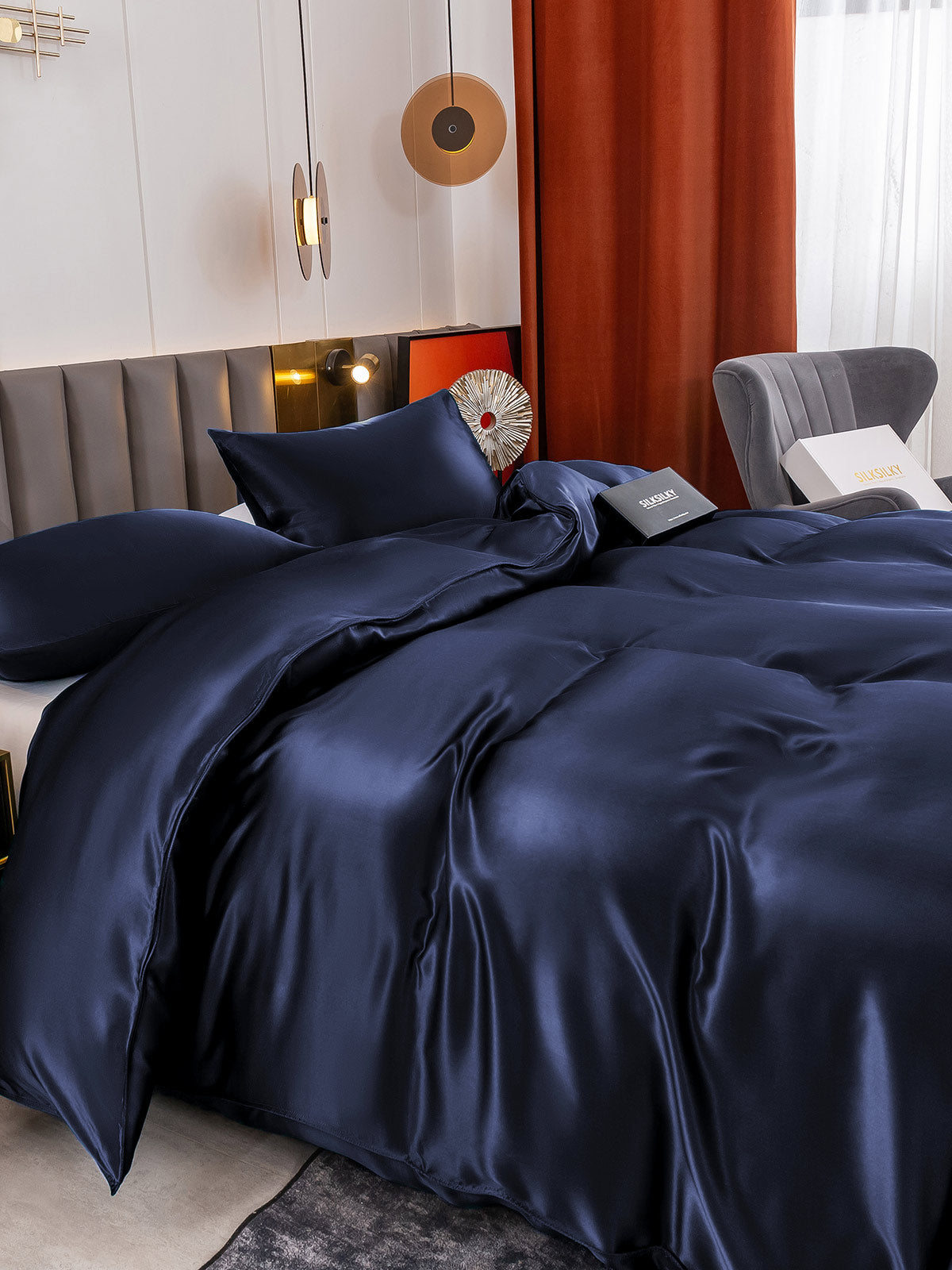 SilkSilky US 19Momme Pure Silk Bedding Set DarkBlue 005