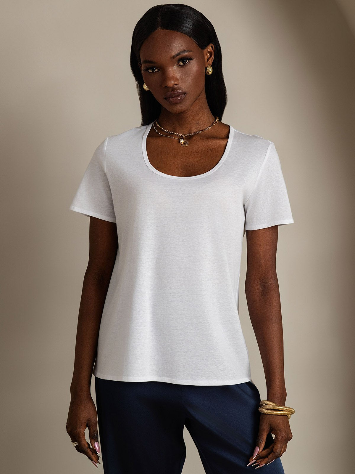 SilkSilky Silk Blend Short Sleeve U Neck Women's T-Shirt White 001