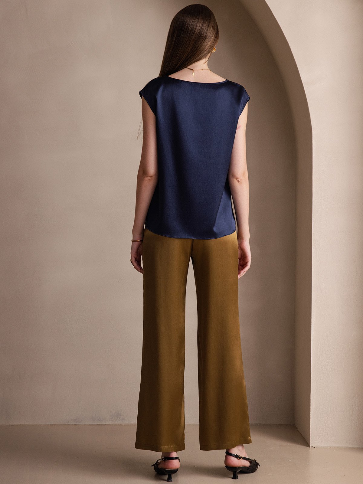[Dark Blue] SilkSilky  19Momme Silk Round Neck Women's T-Shirt 002