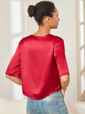 SilkSilky US Pure Silk Half Sleeve Boat Neck Women's T Shirt DarkRed 002