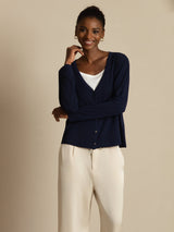 Black silk V-neck long sleeve cardigan with button front and ribbed trim