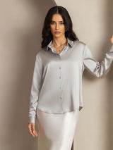 [Light Gray] SilkSilky  19Momme Stretch Silk Charmeuse Long Sleeve Lapel Collar Women's Shirt 008