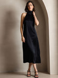 SilkSilky US 19Momme Silk Blend Sleeveless High Neck Dress Black 001