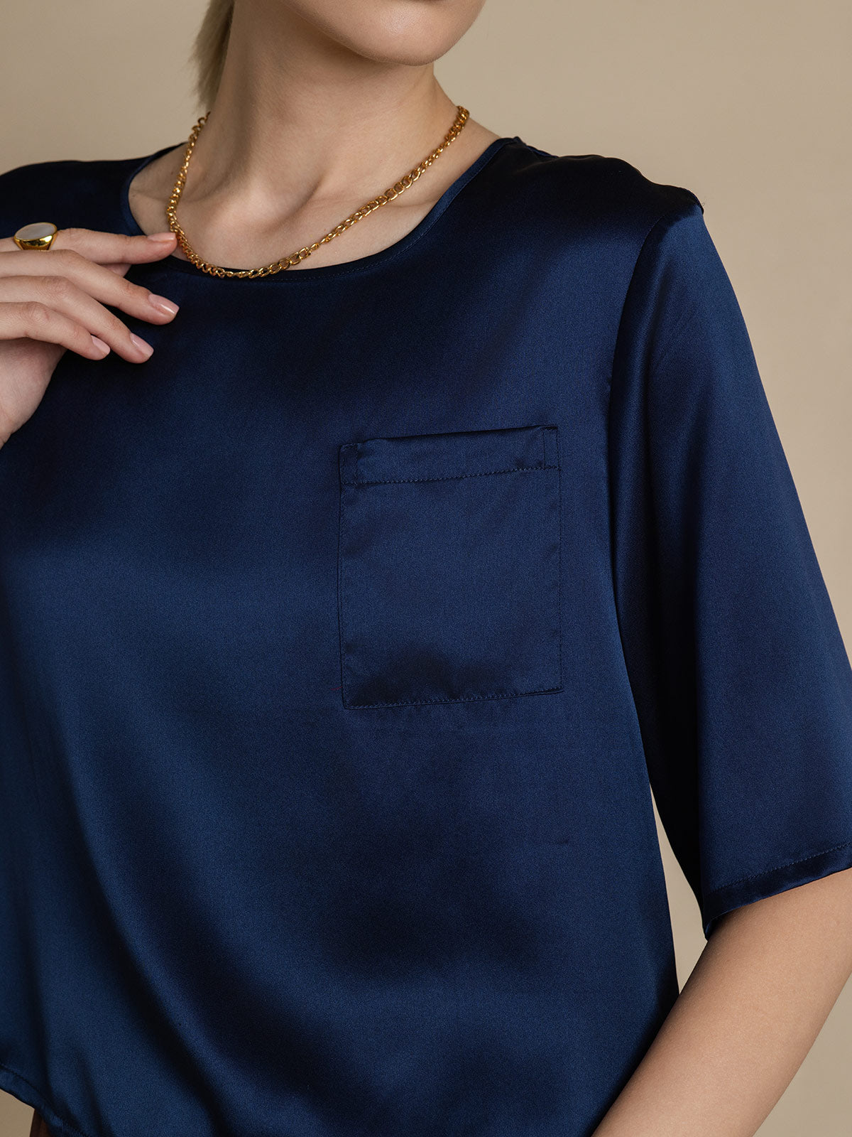 [Dark Blue] SilkSilky  Pure Silk Boat Neck Women's T-Shirt 006
