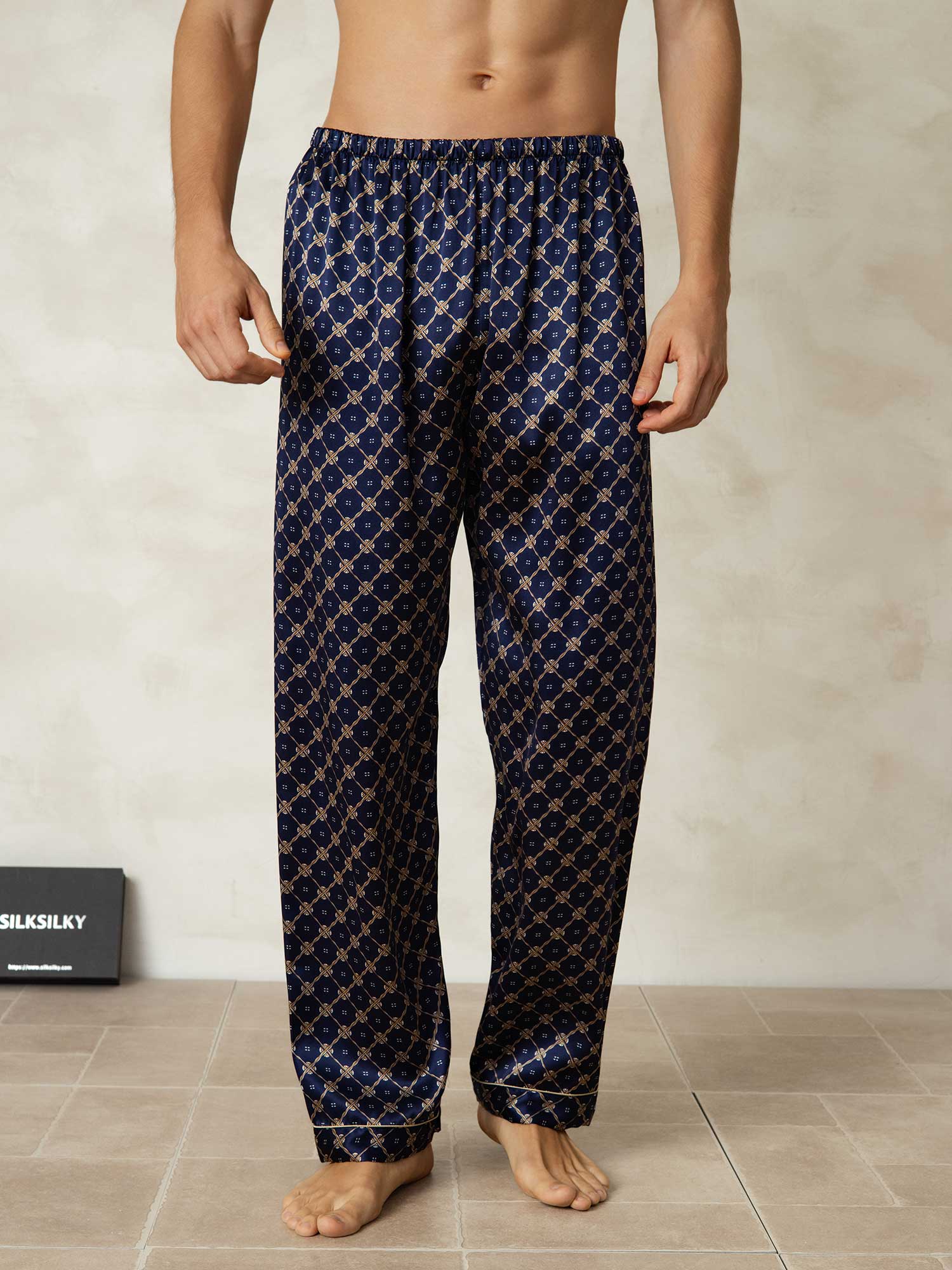 [Navy Chain] SilkSilky  Pure Silk Mens Sleep Bottoms 001