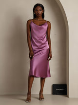 [Deep Purple] SilkSilky  19Momme Stretch Silk Charmeuse Spaghetti Strap Cowl Neck Camisole Top 001
