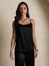 [Black] SilkSilky  19Momme Stretch Silk Charmeuse Spaghetti Strap Scoop Neck Camisole Top 005