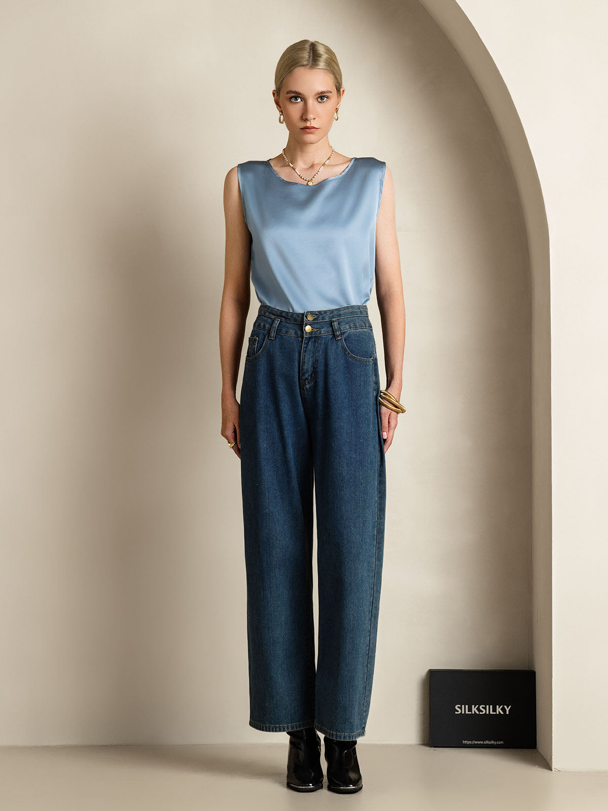[Grayish Blue] SilkSilky  19Momme Silk Round Neck Camisole Top 007