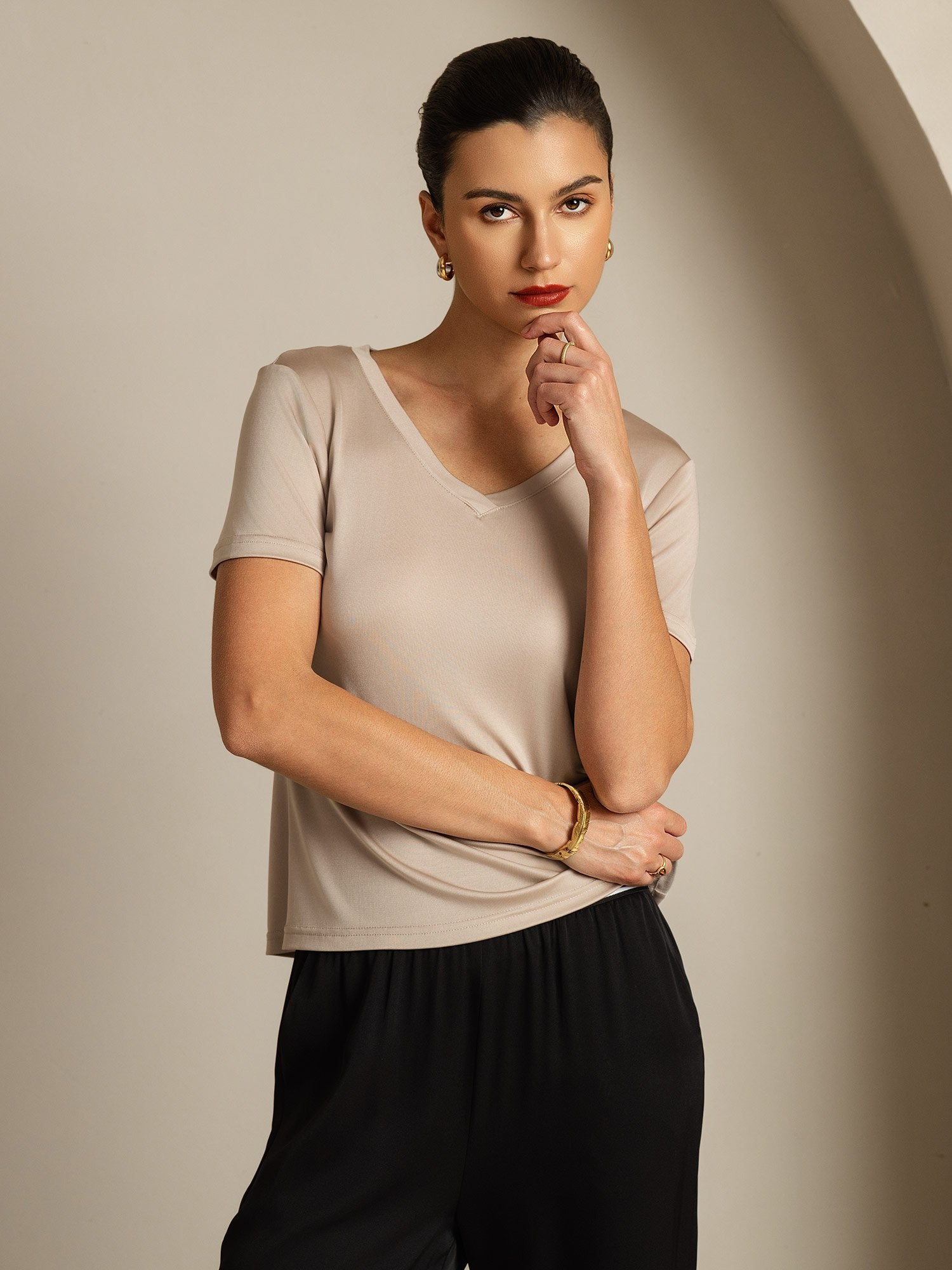 [LightKhaki] SilkSilky Pure Silk V Neck Women's T-Shirt 007
