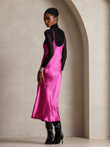 [Rose Red] SilkSilky  Pure Silk Spaghetti Strap V Neck Dress 002