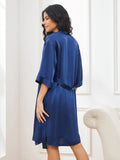 SilkSilky US Pure Silk 3/4 Sleeve Nightgown&Robe Set DarkBlue 002