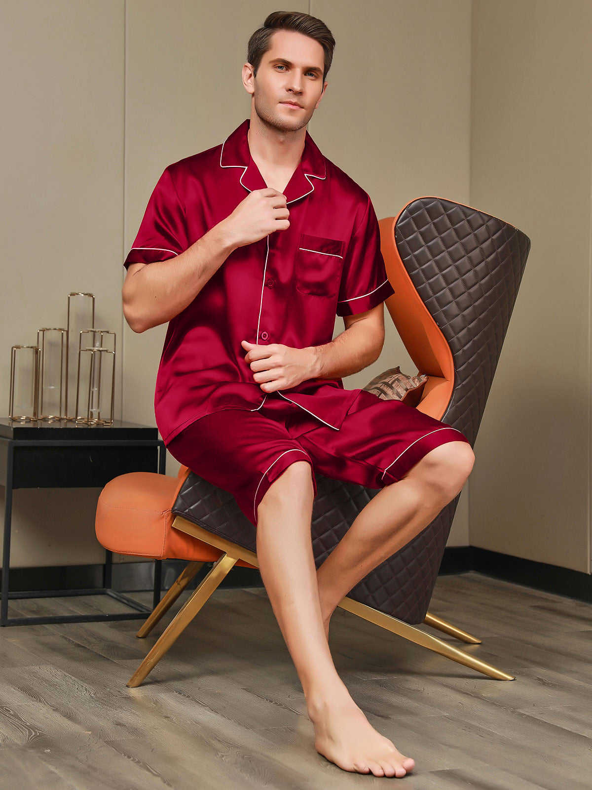 Contrast Trim Men‘s Pure Silk Pajamas Short Set