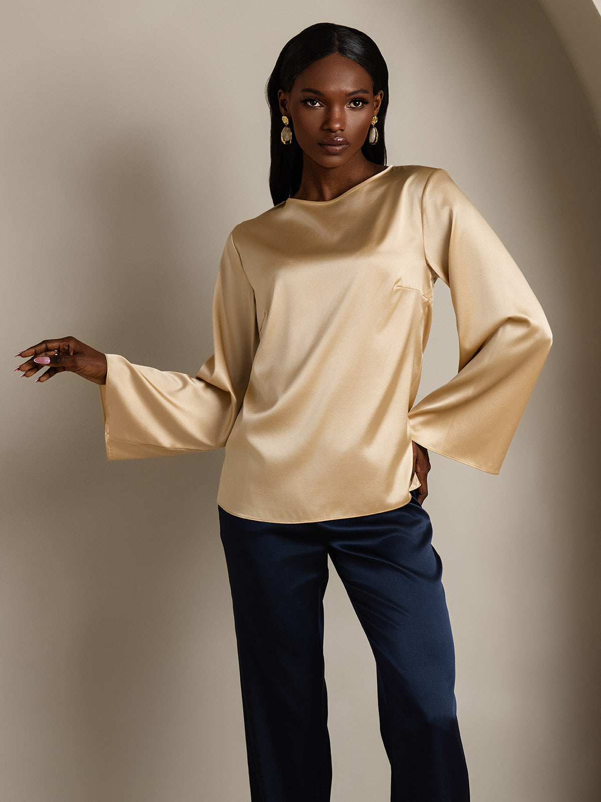 SilkSilky  19Momme Silk Long Sleeve Round Neck Women's T-Shirt Champagne 001