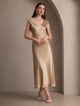 [Champagne] SilkSilky  19Momme Stretch Silk Charmeuse Cap Sleeve Scoop Neck Dress 001