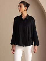 [Black] SilkSilky Long Sleeve Lapel Collar Blouse 003