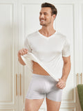 SilkSilky US Silk Knitted Short Sleeve V Neck Men's T Shirt White 003