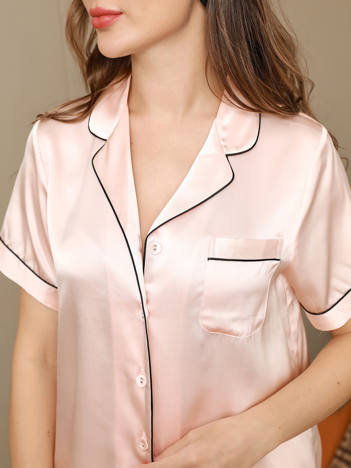 SilkSilky  Pure Silk Short Sleeve Lapel Women's Pajamas Pink 008