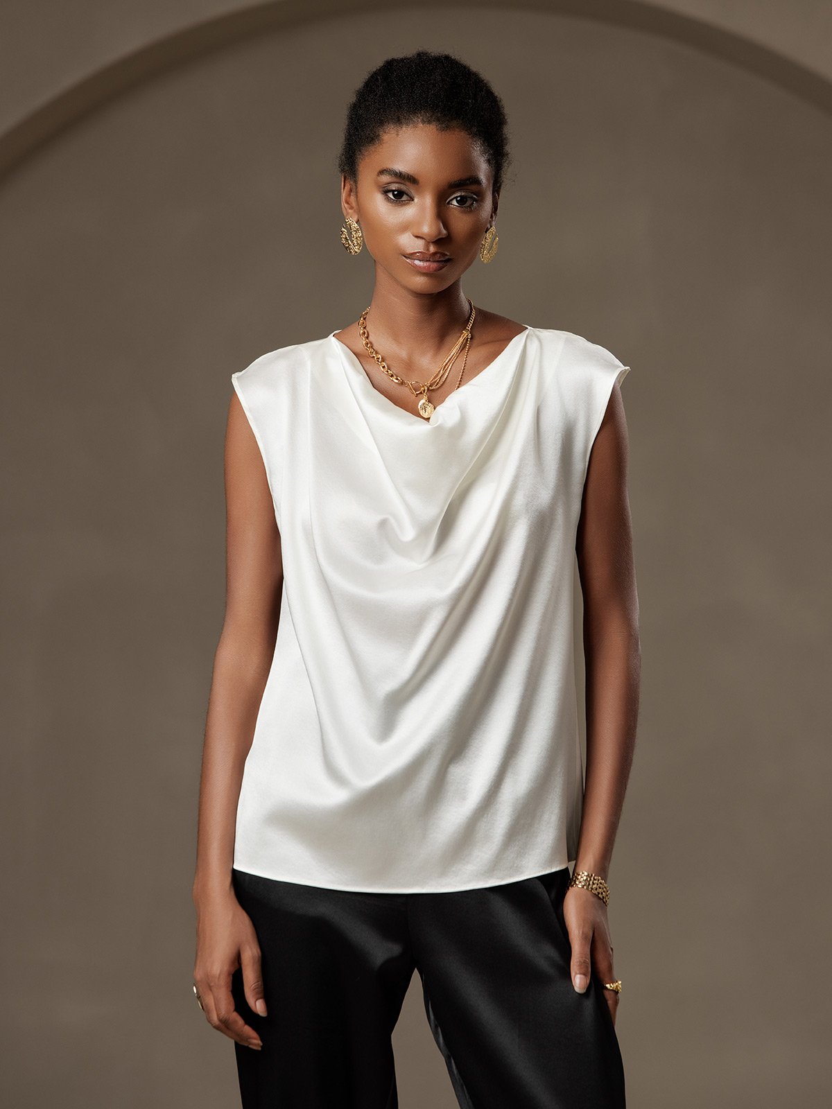 SilkSilky  19Momme Silk Sleeveless Cowl Neck Women's T-Shirt White 001