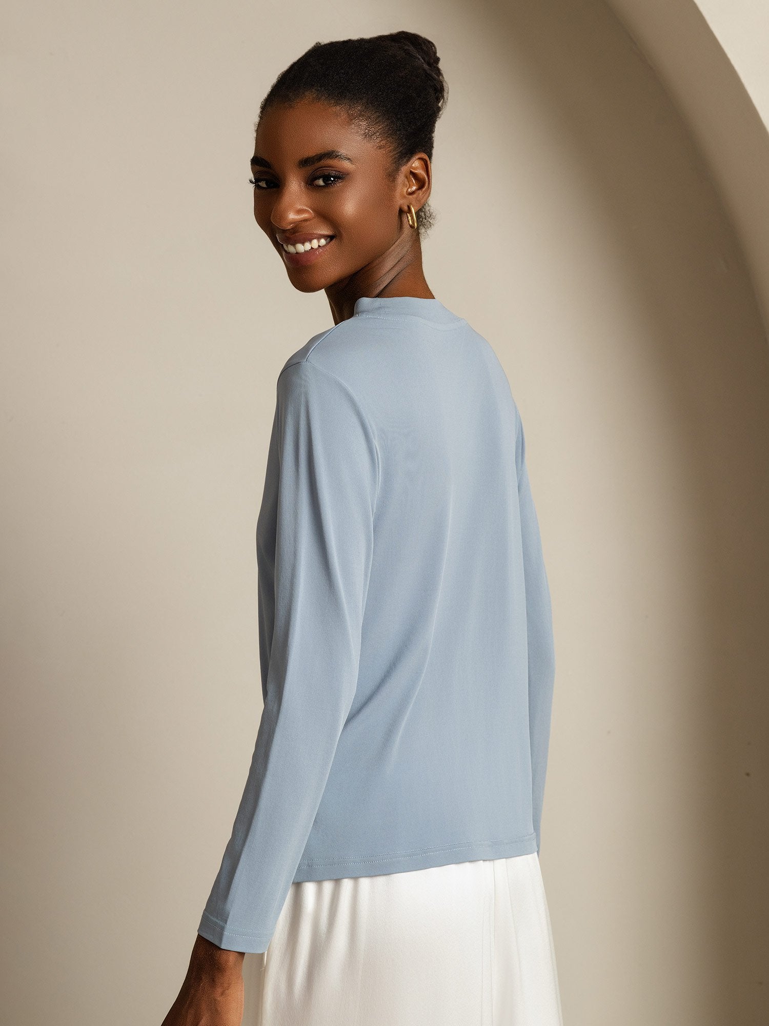[GrayishBlue] SilkSilky Pure Silk Round Neck Women's T-Shirt 002