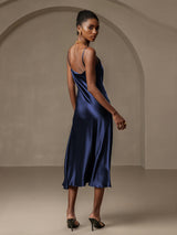 [Dark Blue] SilkSilky  Spaghetti Strap Cowl Neck Dress 002