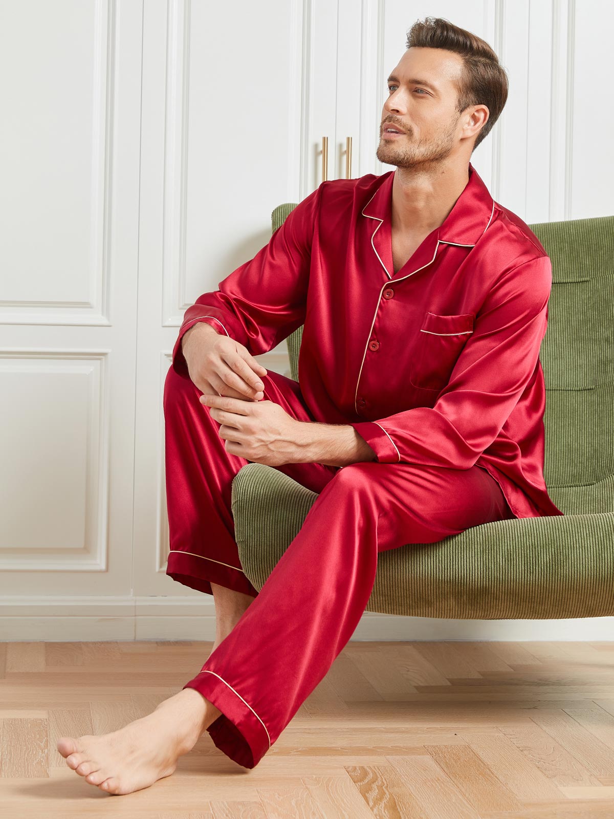 SilkSilky US 19Momme Pure Silk Long Sleeve Lapel Men's Pajamas Red 004