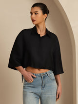 [Black] SilkSilky  18Momme Silk Satin Surah Half Sleeve Lapel Collar Blouse 001