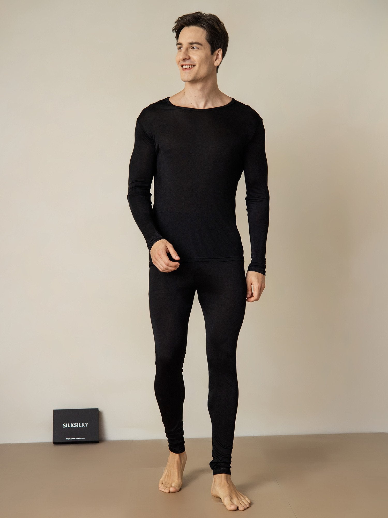 [Black] SilkSilky Silk Round Neck Men's Pajamas 003