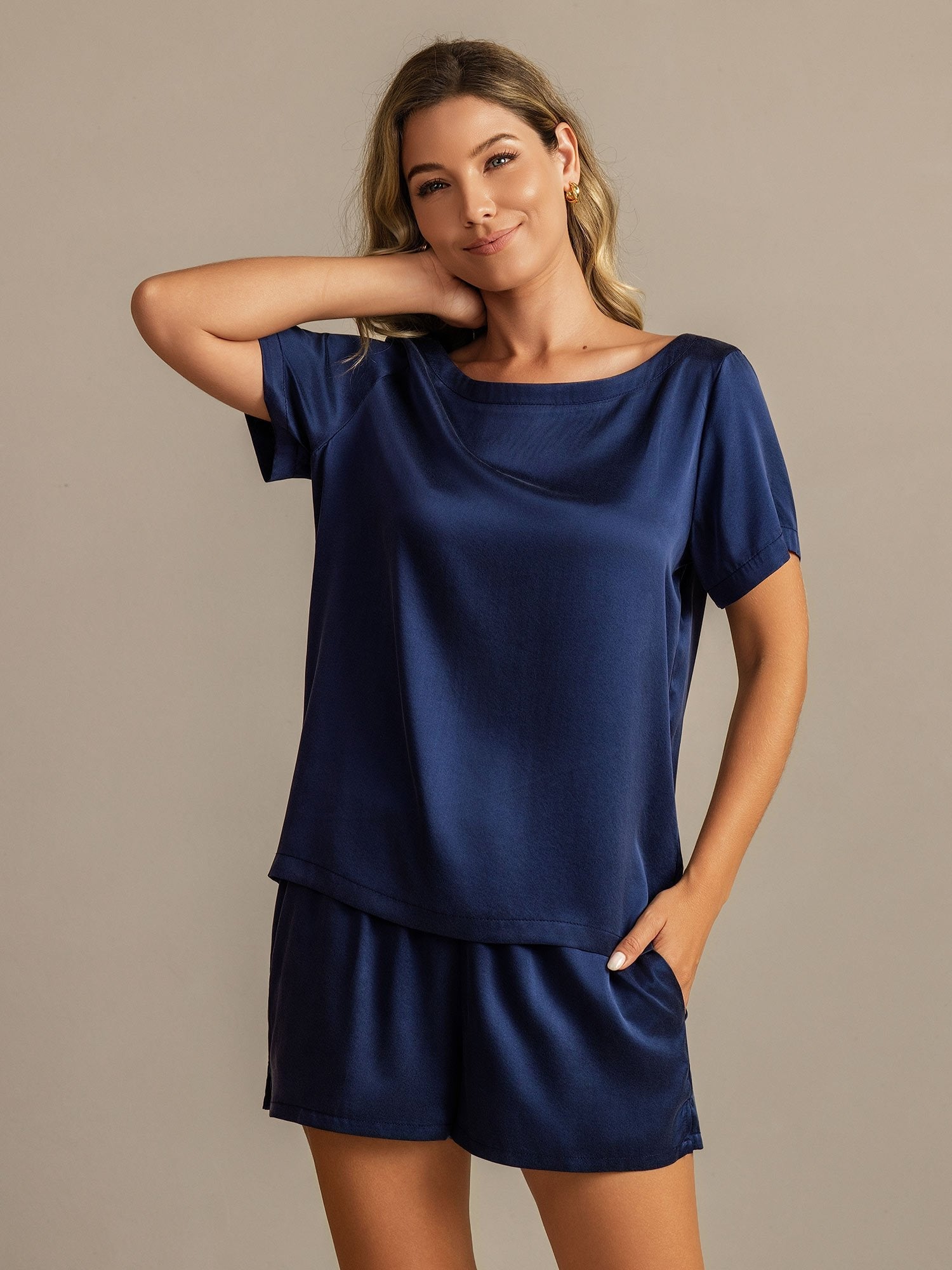 [DarkBlue] SilkSilky 19Momme Silk Round Neck Women's Pajamas 003