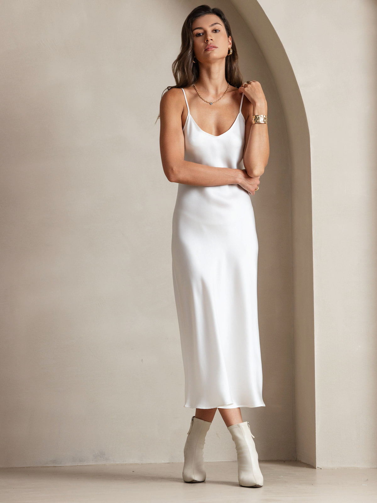 SilkSilky  Pure Silk Sleeveless Round Neck Dress White 006