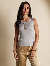 [Gray] SilkSilky  100% Silk Jersey Sleeveless Round Neck Women's T-Shirt 003