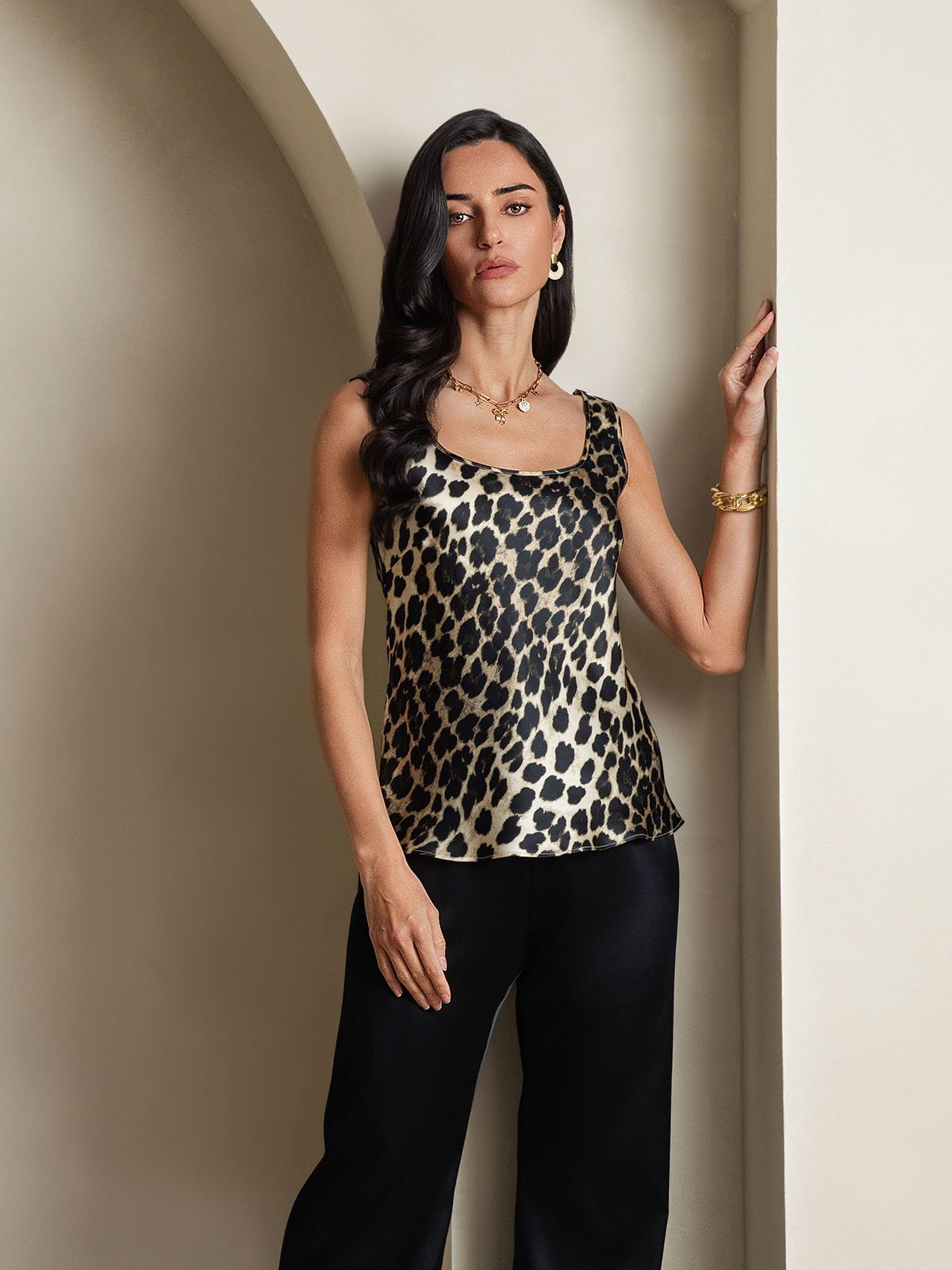 [Leopard] SilkSilky  19Momme Silk U Neck Camisole Top 005,
